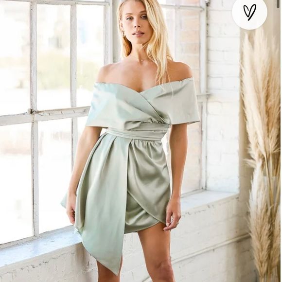 Lulu’s Always Celebrating Sage Green Satin Off-the-Shoulder Mini Dress - Picture 9 of 11
